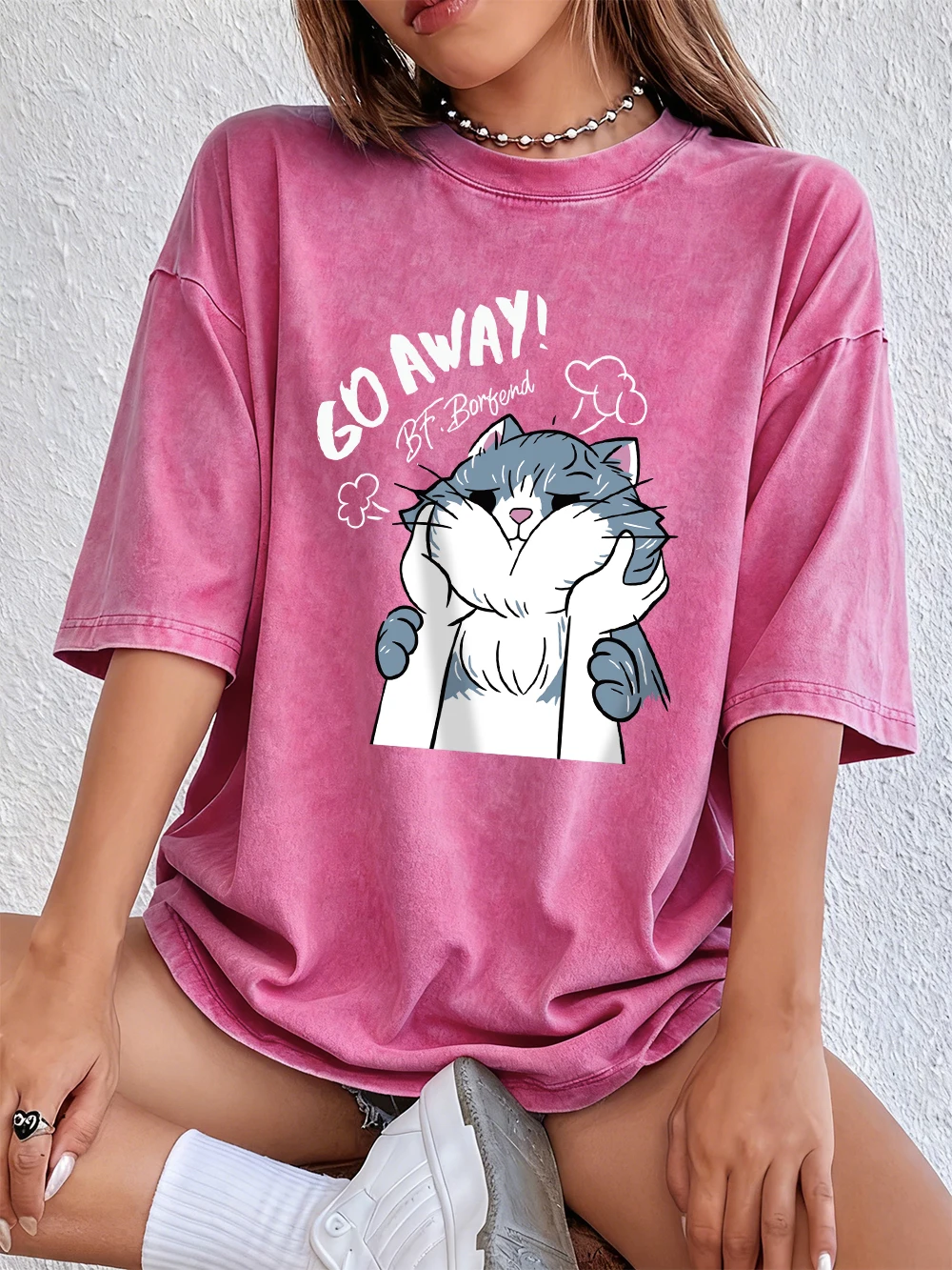 

Go Away The Touched Cartoon Cat Cotton Washed T-Shirts Womens Summer Oversized Tops O-Neck Comfortable Distressed Streetwear