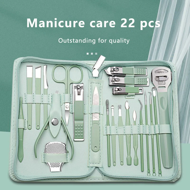 New Light Green 7-22 pcs/set Manicure Kit High-quality Steel Multi-functional Professional Nail Trimmer Cutter Foot Care Tools