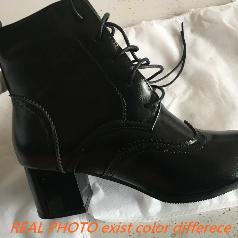 REAVE CAT Office-Lady Ankle Boots Round Toe Block Heels Lace-up 33-50 Black White Velet Fur S2681