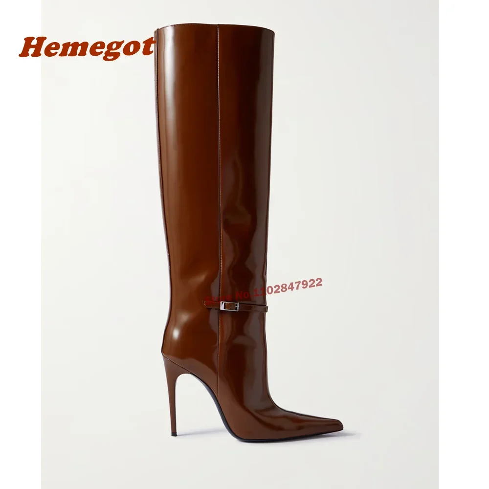 Auburn Buckle Thin Heels Boots Pointy Toe Stiletto Knee High Patent Leather Women's Boots Solid Glossy Winter Boots Sexy Shoes