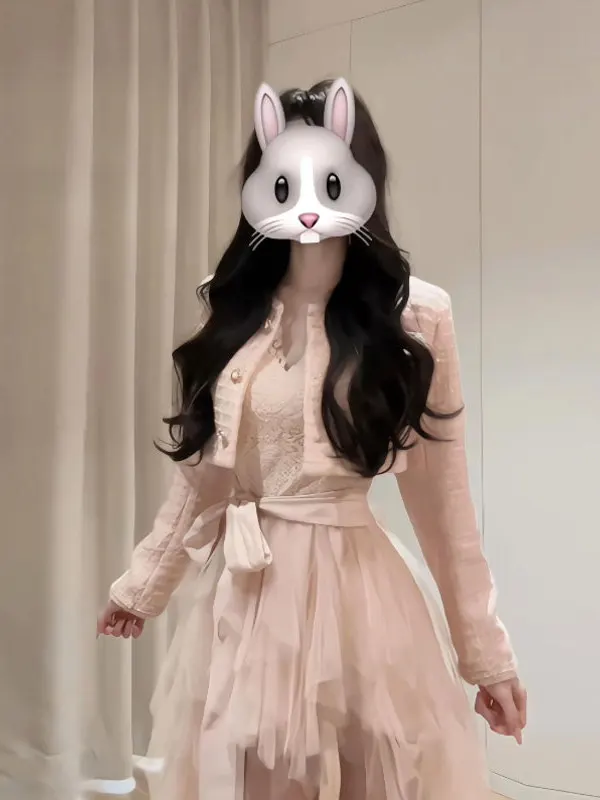 

Elegant White Moonlight Pureness Fashion Set Short Coat Mesh Dress Comfortable Luxury Style Women's Autumn Casual Wear