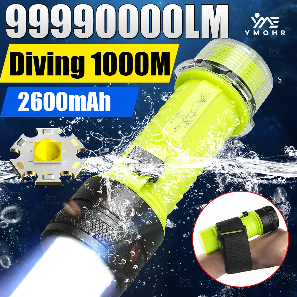 

99990000LM High Power Diving Flashlight 18650 Underwater Lantern Rechargeable Lamp IPX8 Waterproof Light Professional Dive Torch