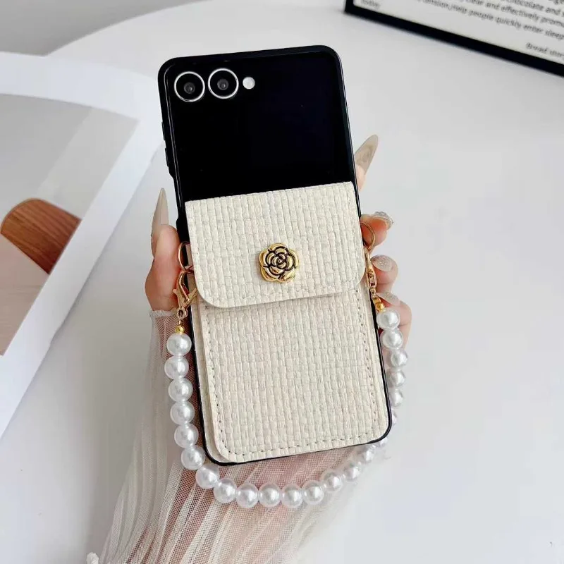 For Samsung Galaxy ZFlip7 Flip6 ZFlip5 Flip4 3 5G Phone Case Luxury PU Leather Weaving Texture Camellia Card Holder Pearl Strap