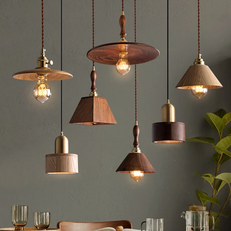 

Nordic Style Pendant Light Black Walnut Retro Solid Wood Brass Finish Home Decoration Hanging Lamp for Dining Room Bar Kitchen