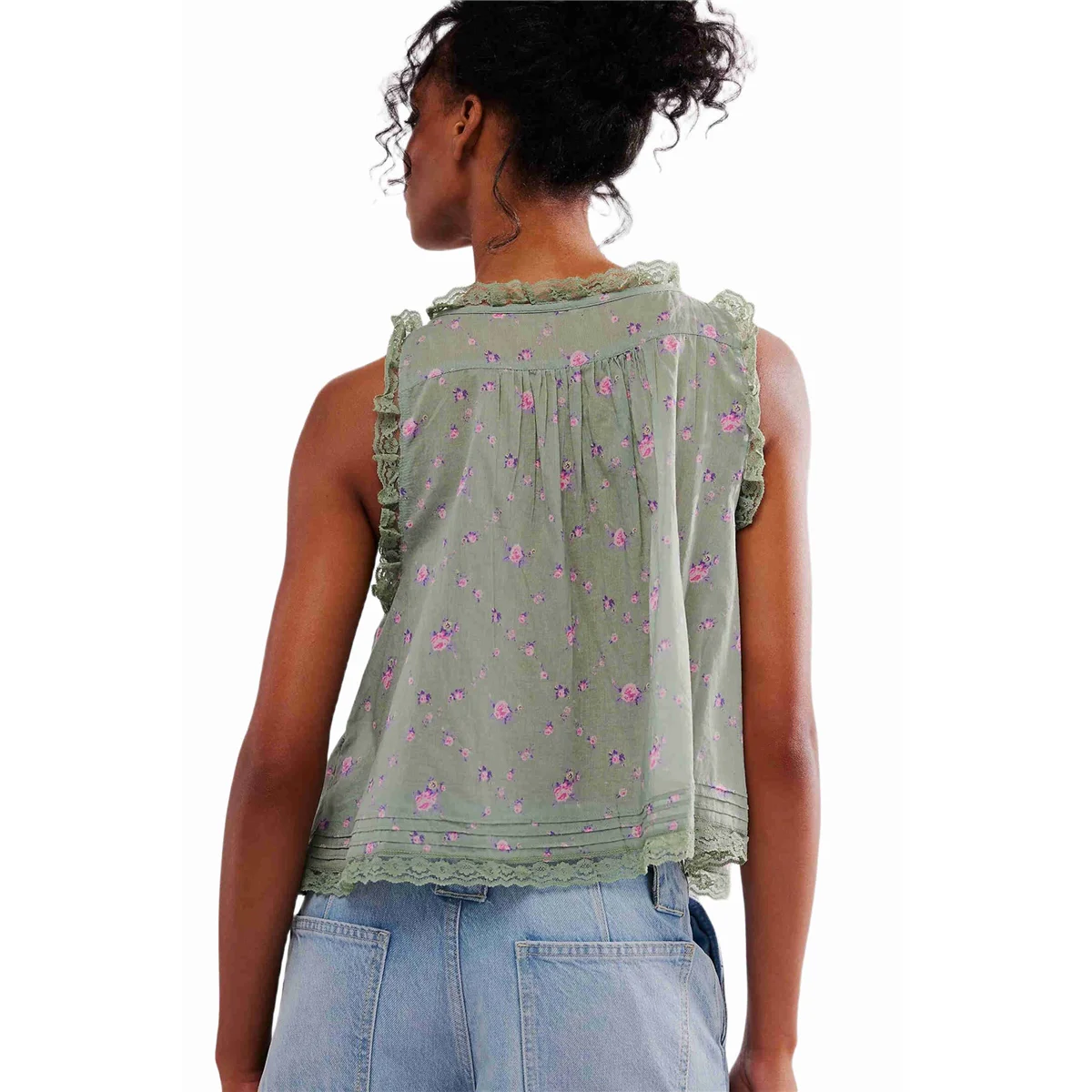 ABQR Women Summer Boho Tie Front Tops Lace Beach Button Down Tank Sleeveless Mesh Chiffon Crop Tops Y2k 2025 Green S