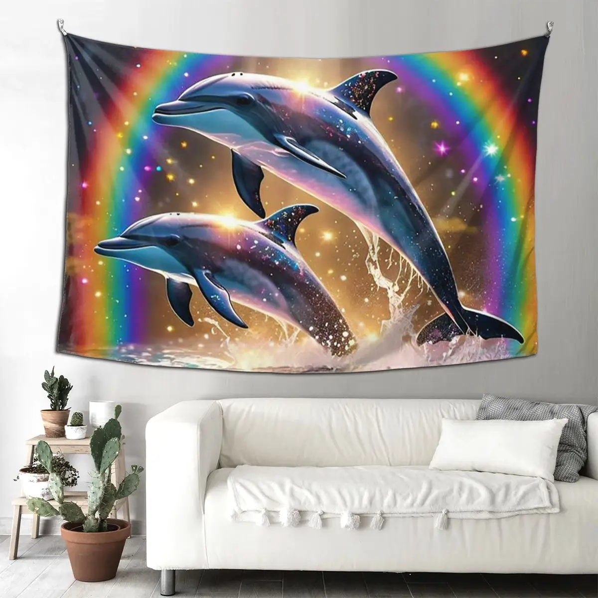 

Sunset Dolphins Dancers Sea Creature Dolphin Tapestry Hippie Wall Hanging Aesthetic Home Tapestries for Living Room Bedroom Dorm