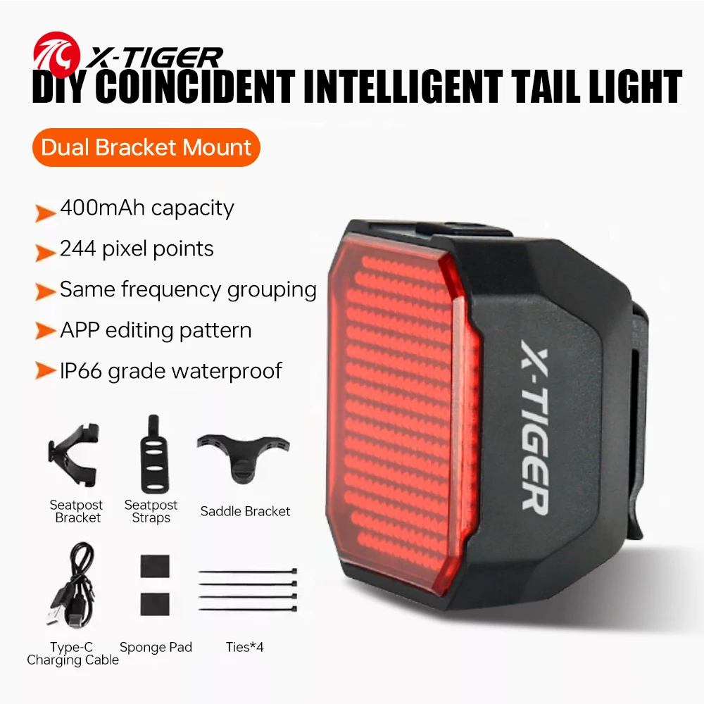 X-TIGER DIY Patterned Night Riding Tail Light Bicycle Tail Light Intelligent Brake Sensor Set Same Frequency Grouping