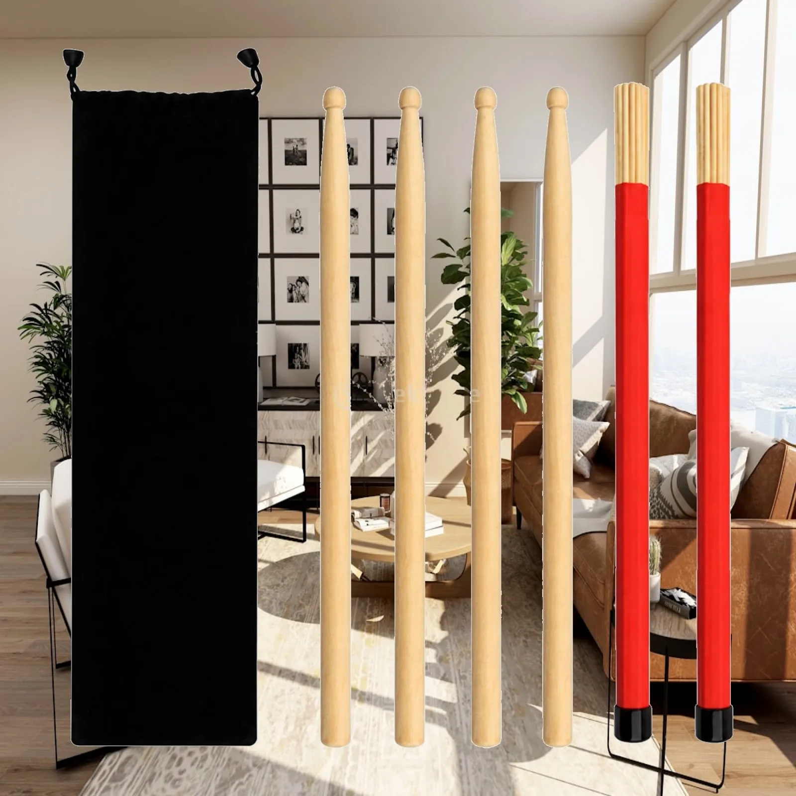 Drum Brush Stick Set Wooden Handle with Bundle Rods for Snare Drum and Practice Pad Players Carry Bag