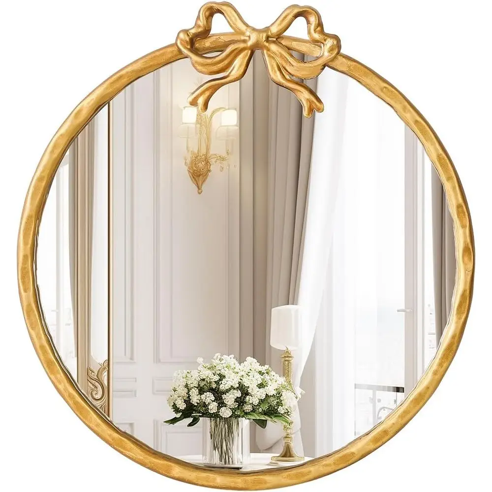 

12 Inch Round Gold Mirror, Vintage Gold Mirror, Round Mirror Wall Decor, Antique Ornate Metal Circle Mirror with Baroque Bow or