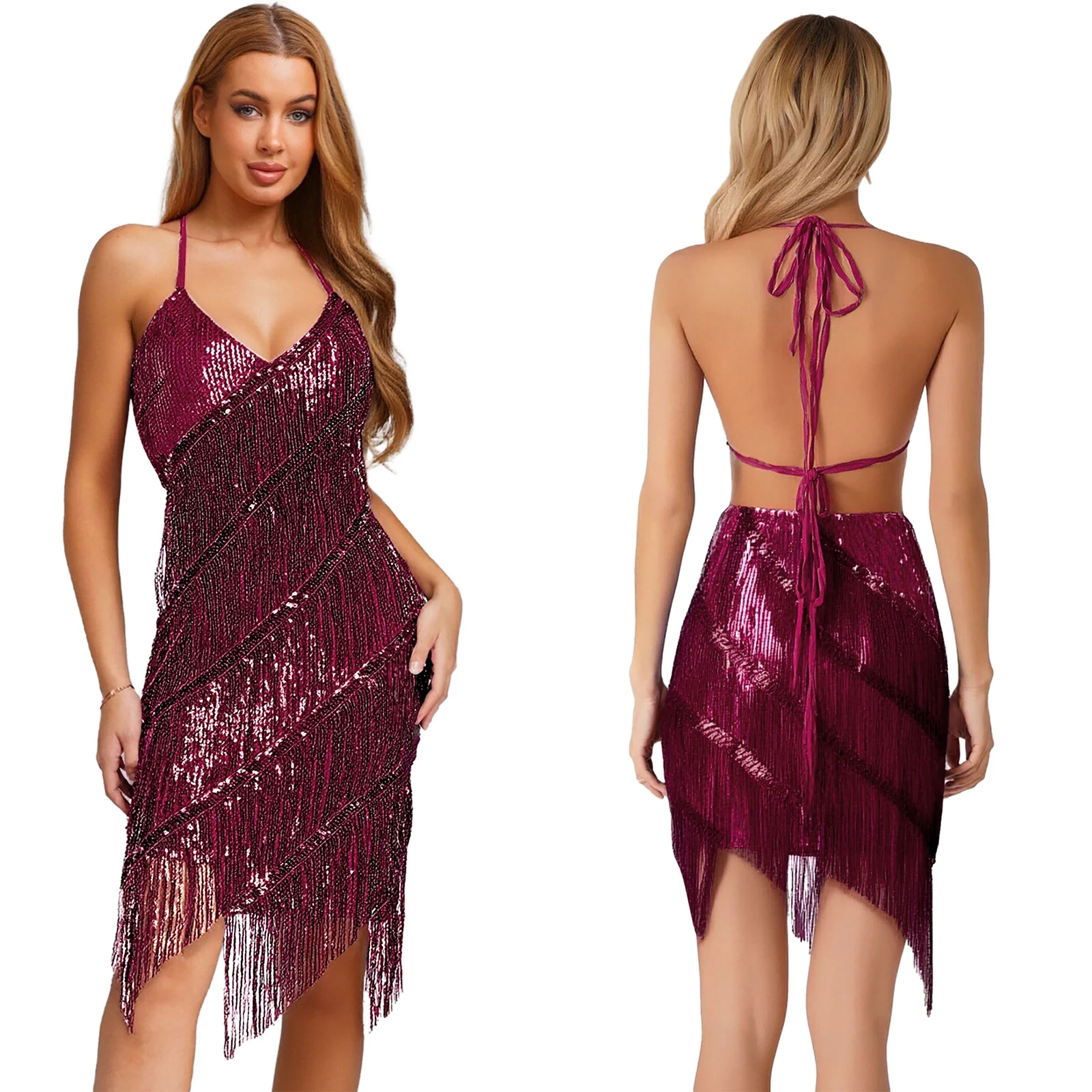 

Women Lyrical Sexy Latin Tango Tiered Sequin Dance Dress Tassel Lace-up Bodycon Mini Dress for Chacha Rumba Salsa Dancewear