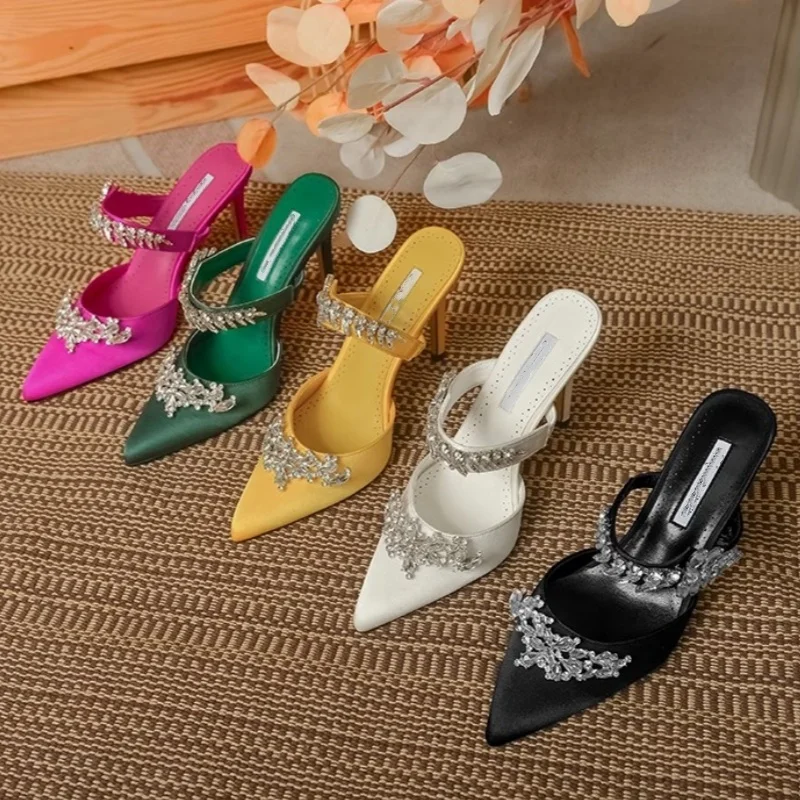 2024 New Shallow Pointed Satin Wheat Rhinestone Pointed Heels