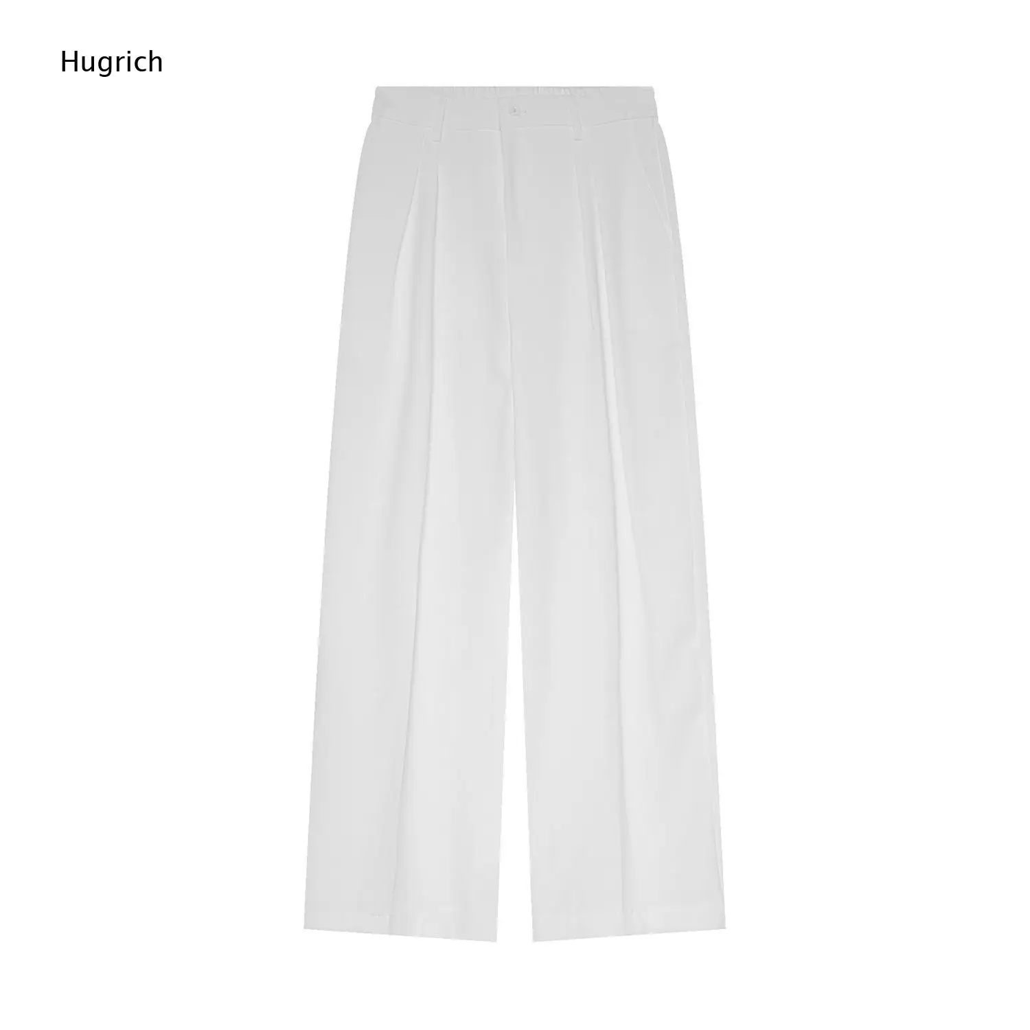 Men White Double Pleated Wide Leg Suit Pants Elastic Back Waist Lightweight Business Trousers