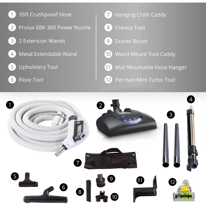 Premium 35 ft Universal Central Vacuum Hose Kit with Power Nozzle and Pigtail Connection