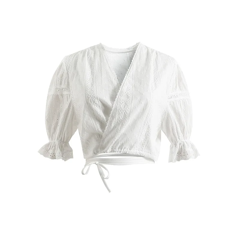 Frauen Elegante Feste Stickerei Bluse Frühling Sommer Casual Kurzarm V-ausschnitt Lose Hemd Büro Dame Kurze Übergroßen Tops