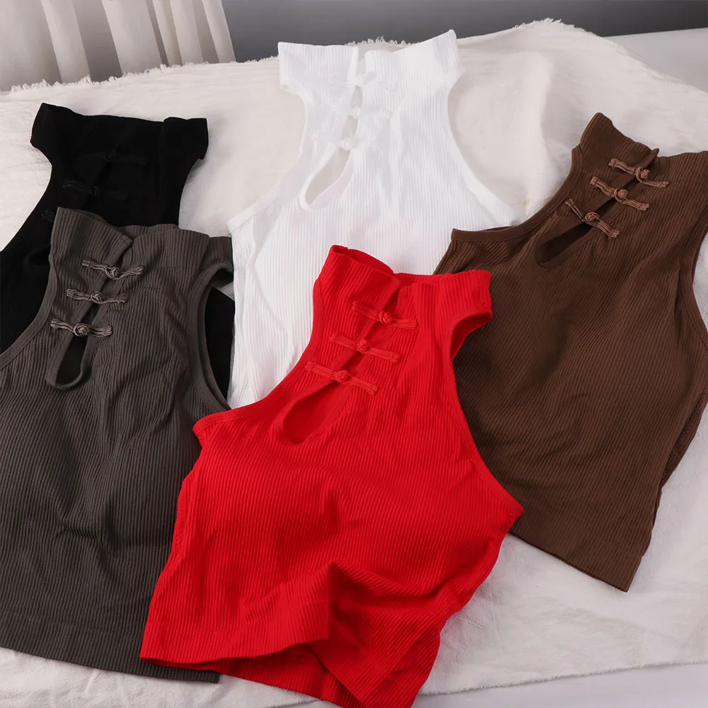 Frog Buckle Cheongsam Style Skinny Vest Backless Streetwear Slim Crop Top Sleeveless Ethnic Style Bra with Pads Camisole Party