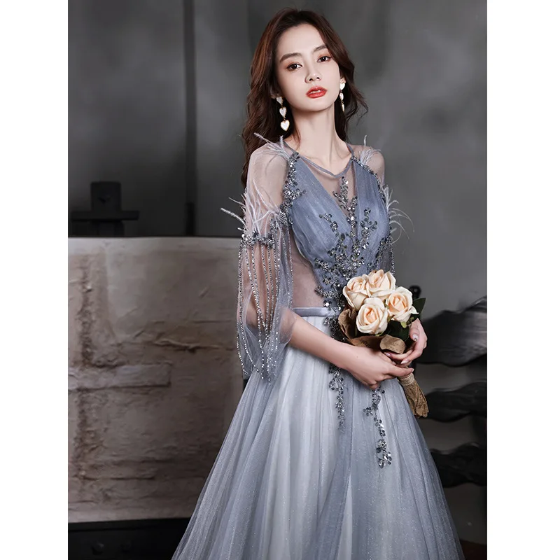 Blue Off Shoulder Evening Dress Women Feather Tassel See-through Tulle Graduation Dresses Exquisite Luxury Elegant Cocktail Gown