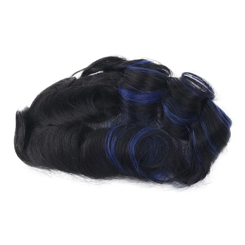 

Синий мелированный мужской протез из микрокожи 0,06-0,08 мм, завязанный мужской капиллярный протез, парик, мужские парики, 100% человеческие волосы