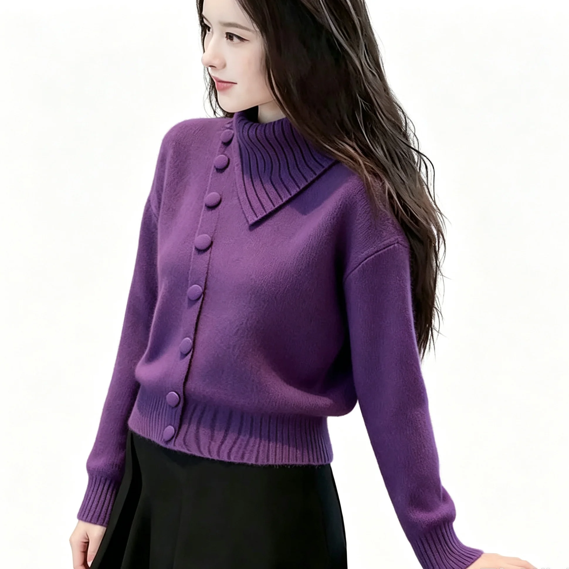 Autumn Winter Women Purple Knit Pullover Asymmetric Mock Neck Decor Buttons Lantern Sleeve Soft Pullover Loose Warm Sweater Top