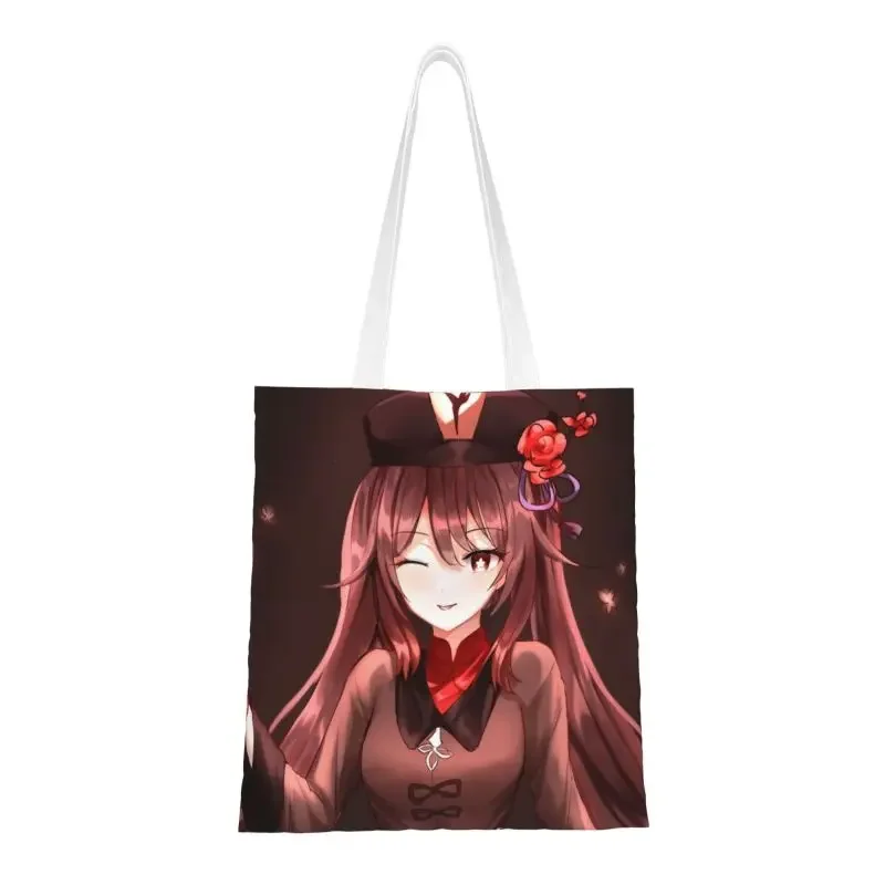 Genshin Impact Hu Tao Grocery Shopping Bags Cute Print Canvas Shopper Tote Shoulder Bag Portable Magical Anime Game Handbag