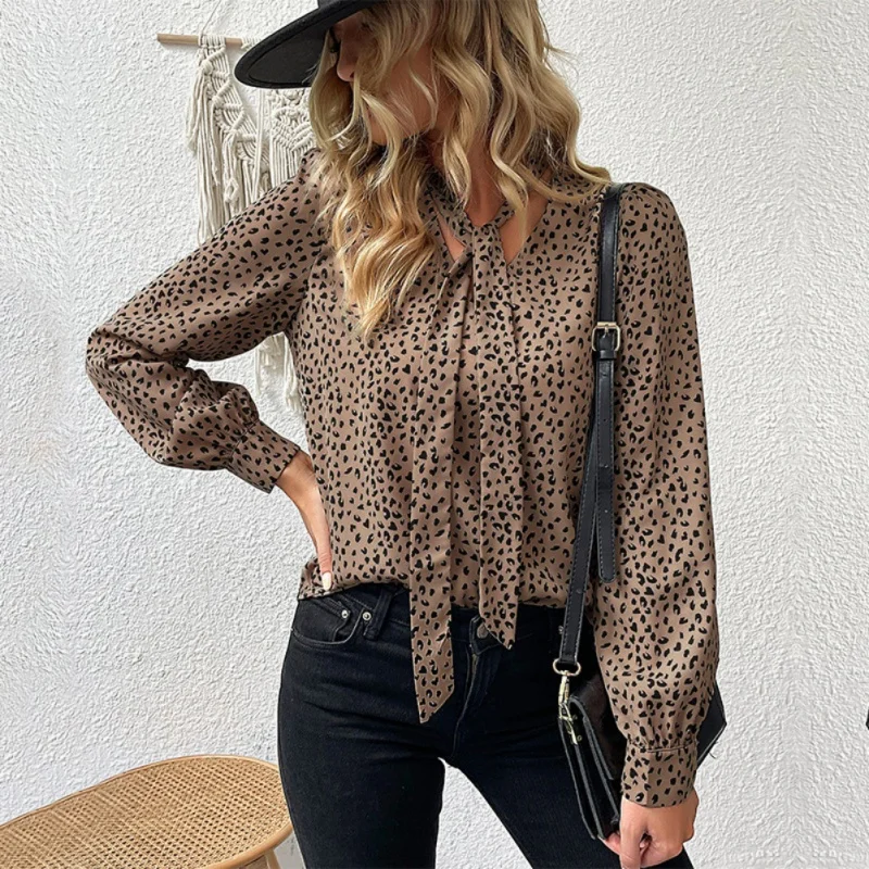 Long Sleeve Blouses for Women Leopard Print Chiffon Tops V Neck Loose Business Shirts Casual Work Tunic