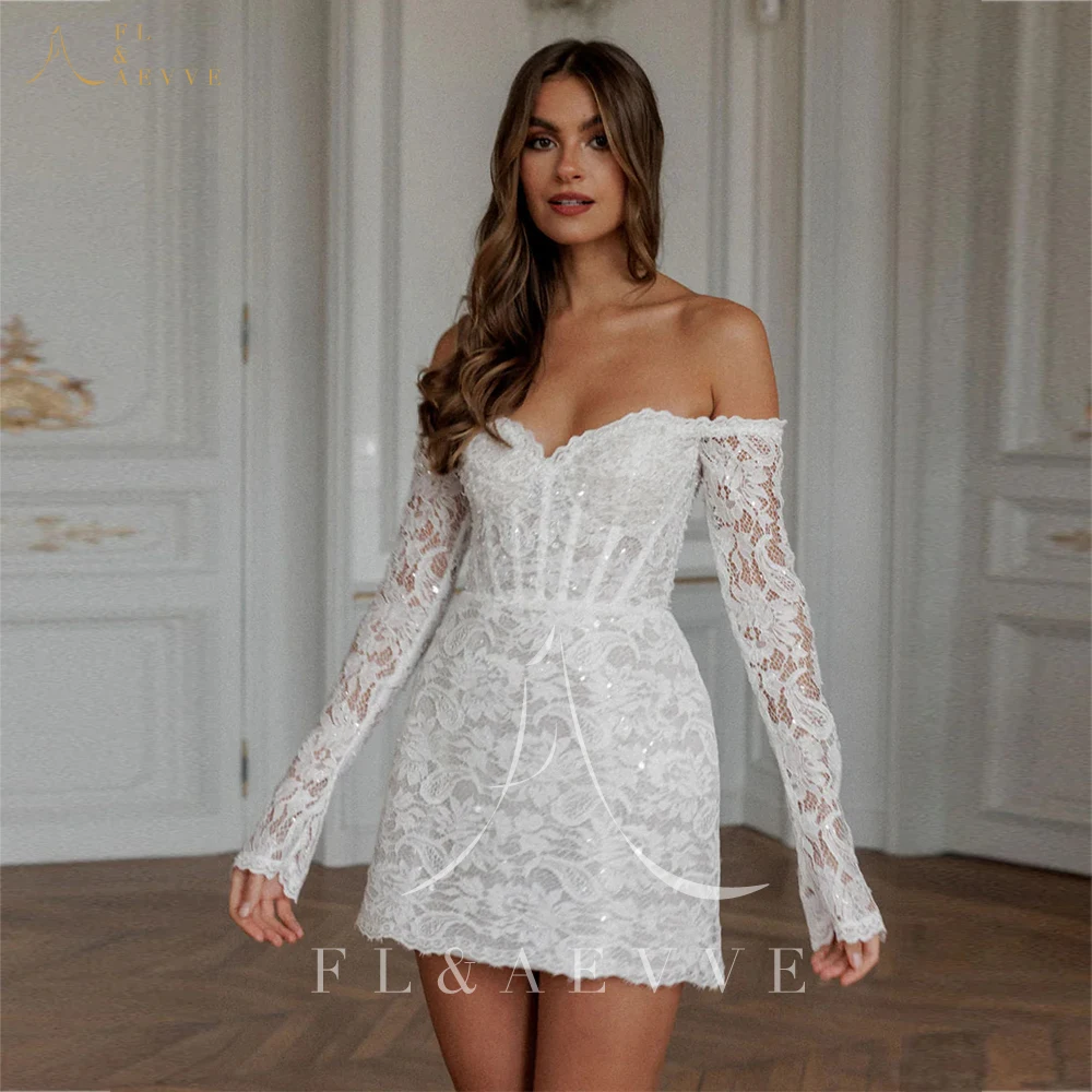 Short Off Shoulder Wedding Dress Mermaid Lace Bridal Gown Long Sleeves Women Lace Up Bride Dresses Prom Party Dress Customized