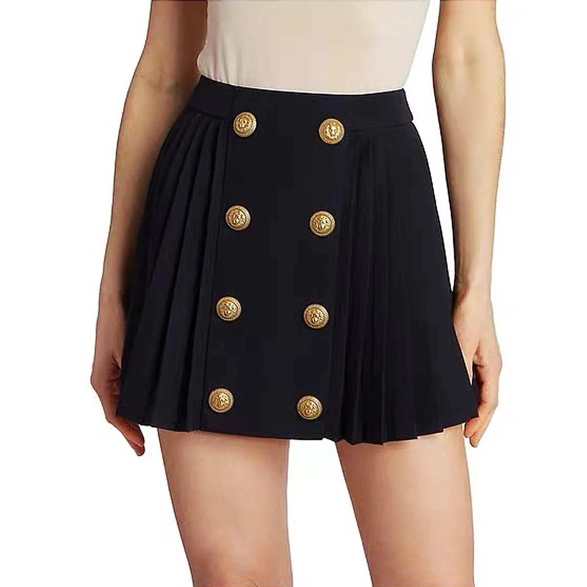 

S-xl Black And White High-quality Fashionable Solid Color New Side Pleated Double Row Button Casual Commuting Women Short Skirt