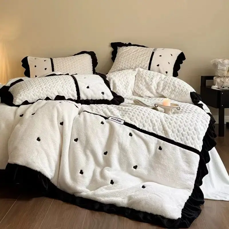 Winter Velvet Shaggy Duvet Cover Set Soft Cute Sweet Plush Bedding Set with Quilt Cover Bedsheet Pillowcase 4pc Set Double Bed