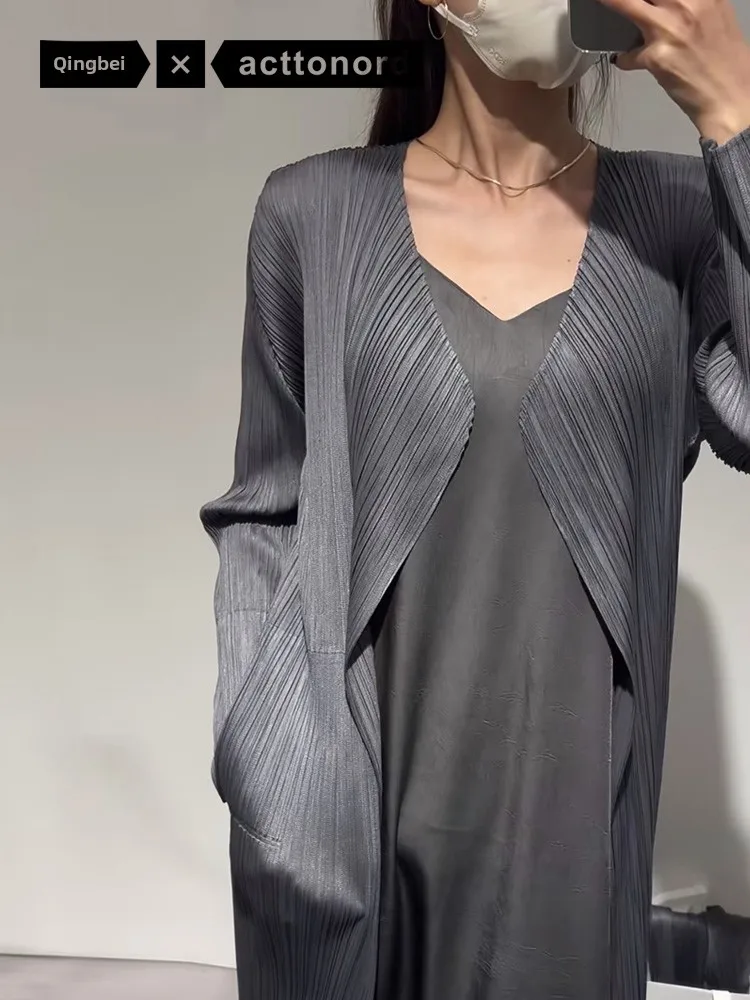 

Qingbei Acttonord Pleated Mid-Length Open Cardigan Coat Slimming Windbreaker Ja108 Commute Simple Style Polyester Fiber