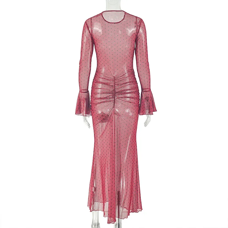 Robe élégante imprimée à pois pour femmes, manches évasées, col rond, moulante, maille transparente, drapée, Maxi, robes de soirée, automne 2025