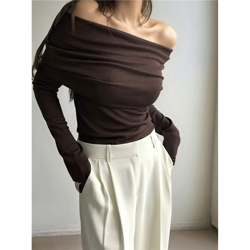 Schulterfreier Langarm-Body für Damen, schlankmachender Body, Oberteil, durchsichtiges Netz, gerüschte Outfits-A55G