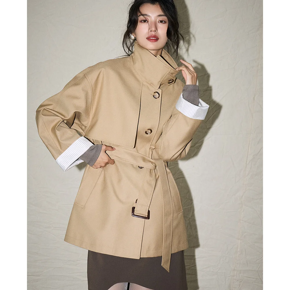 

Весна 2025 г., корейский стиль, повседневный ретро-стиль, универсальный воротник-стойка, маленькая свободная ветровка средней длины