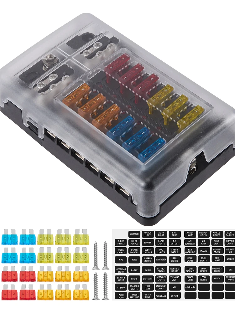 Chelhead 12-Wege-Auto-Sicherungshalter mit negativen Bussen und roter LED-Anzeige, 12 V 12-Fach-Auto-Sicherungskasten, für Schwimmerboote