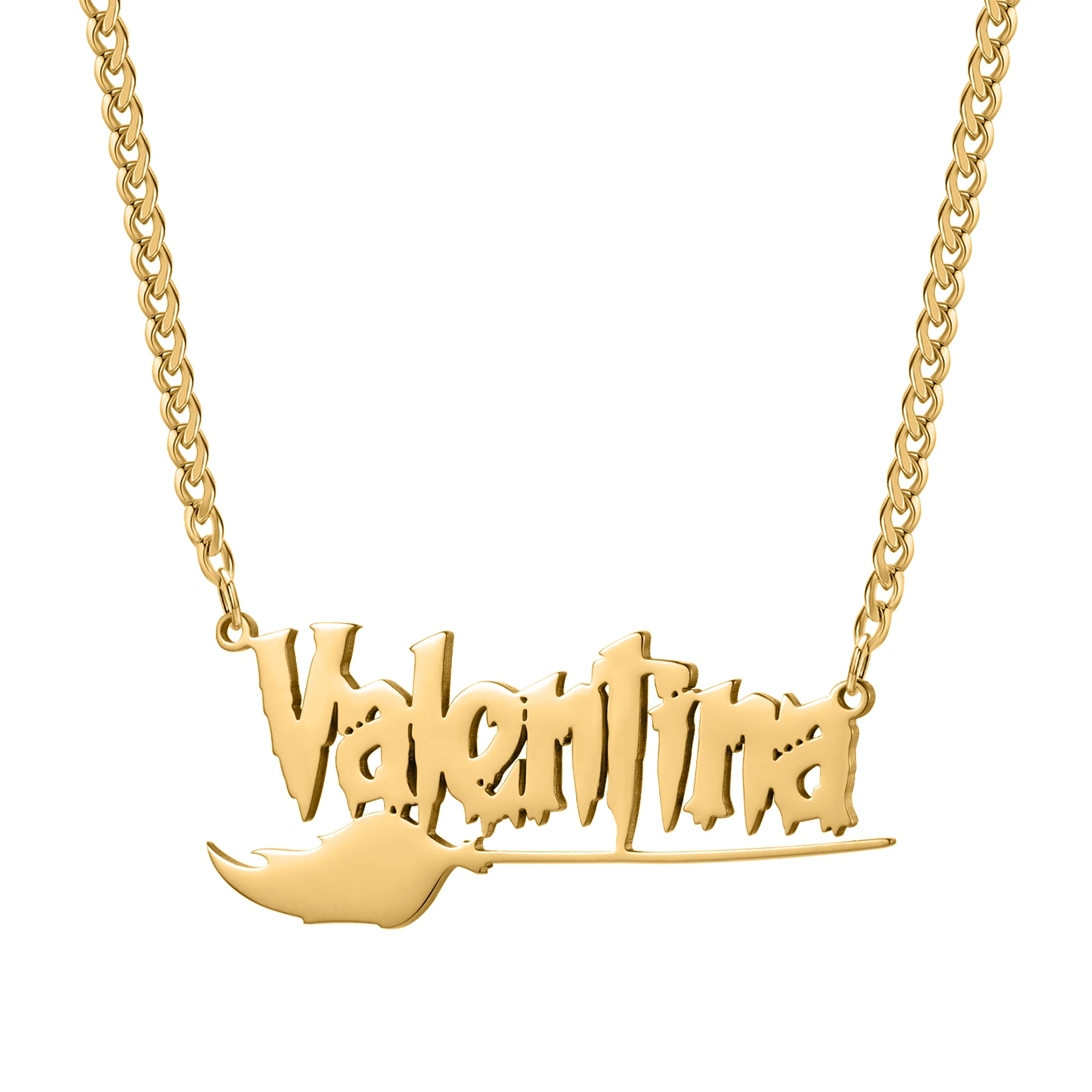 

Custom Halloween tyle Name Necklace Personalized Gold Plated Chain Jewelry Dripping Font Broom Charm Spooky Themed Necklaces