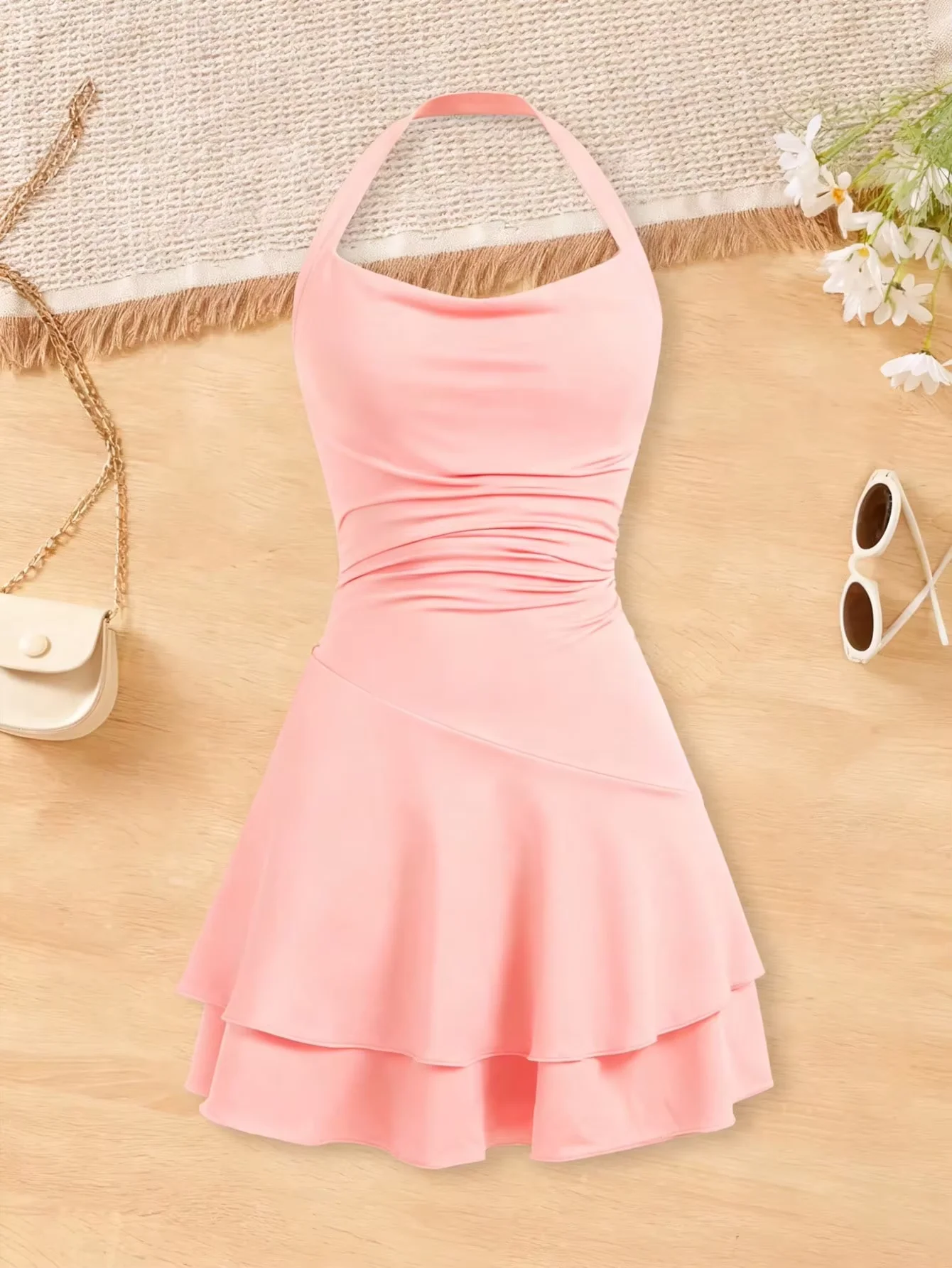 Kids Burgundy Halter Neck Off Shoulder Cowl Neck Ruched Waist Double Layer Ruffle Hem Skater Mini Dresses Casual Party Club Chic