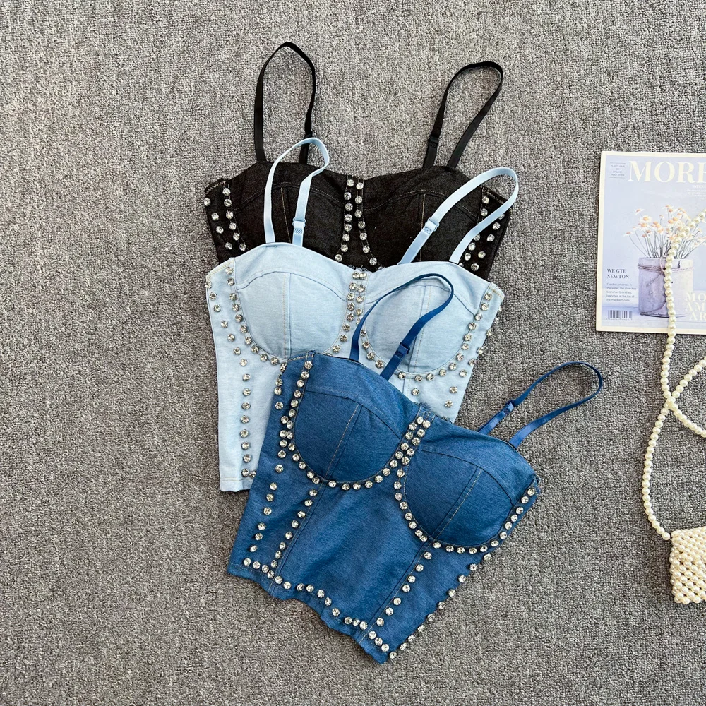 

Summer Fashion Diamond Studded Jean Corset Blue Women Sexy Short Corset Padded Bra Chic Girl Black Corset Bustier Top Strapless