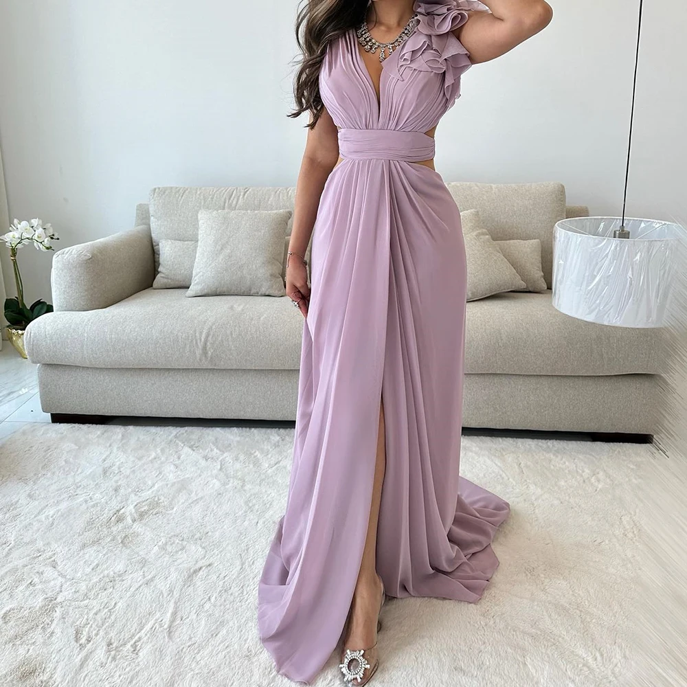 

Customized High Quality Pleat V-Neck Floor Length Front Slit A-Line Vestidos De Fiesta Jersey Sleeveless Vestidos Para Mujer