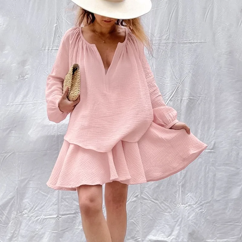 Women's Elegant Pink Puff Sleeve Top & Mini Skirt Set 2024 New Summer Temperament Commuting Women Fashion Skirts Outfits 2 Piece