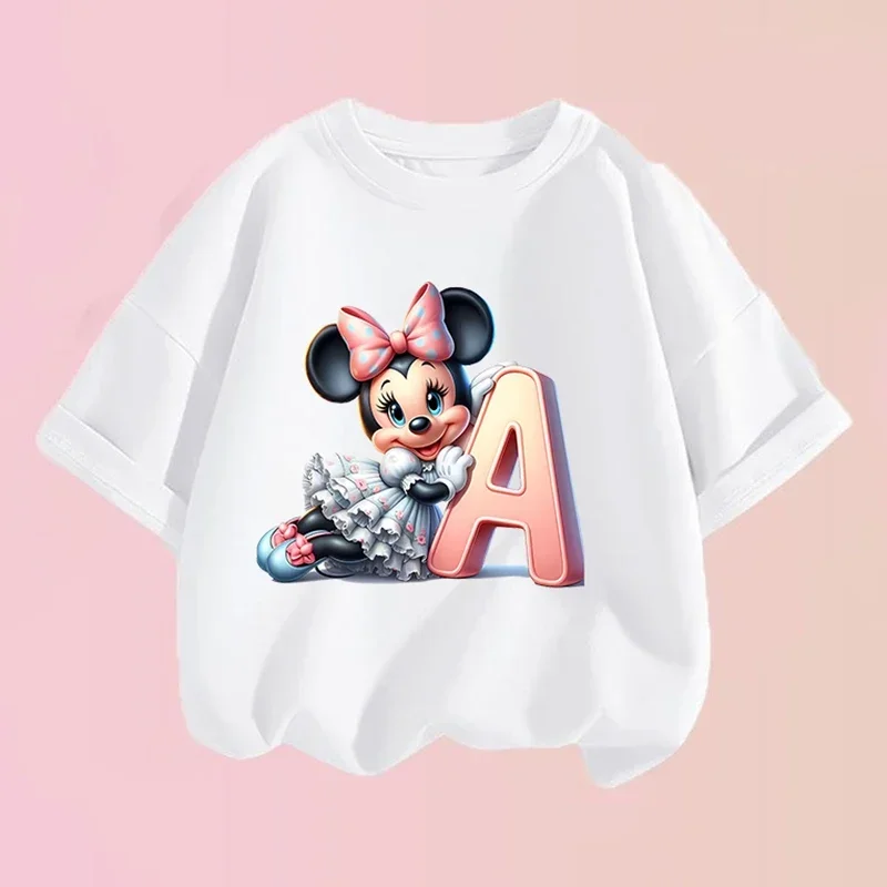 

Minnie Mouse Disney Girls T Shirt Clothes Tops Children Clothing Letter A-Z Boys Short Sleeve Children Summer Clothes Gift
