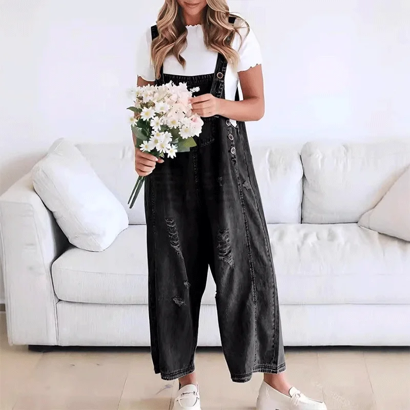 

2025 Loose Sleeveless Denim Overalls Summer Summer Strap Ribbed Harem Pants Pockets Wide Leg Jumpsuits Black Ropa Mujer