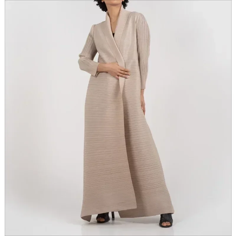 GGHK Pleated Women Luxury Trench Solid Color Lapel Long Sleeve Cardigan Vintage Design Loose Large Size Arabian Female Abaya