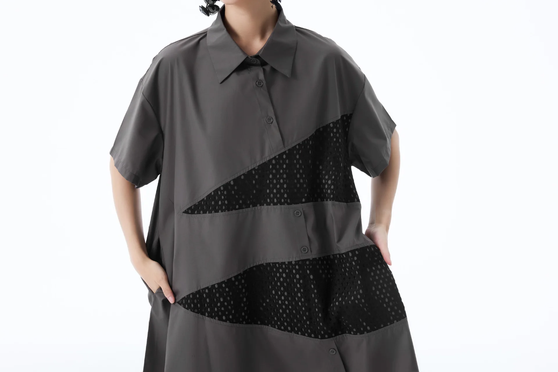Simple retro short sleeved shirt dress, spliced grid plus size long skirt, summer temperament casual loose A-line skirt 2025 new
