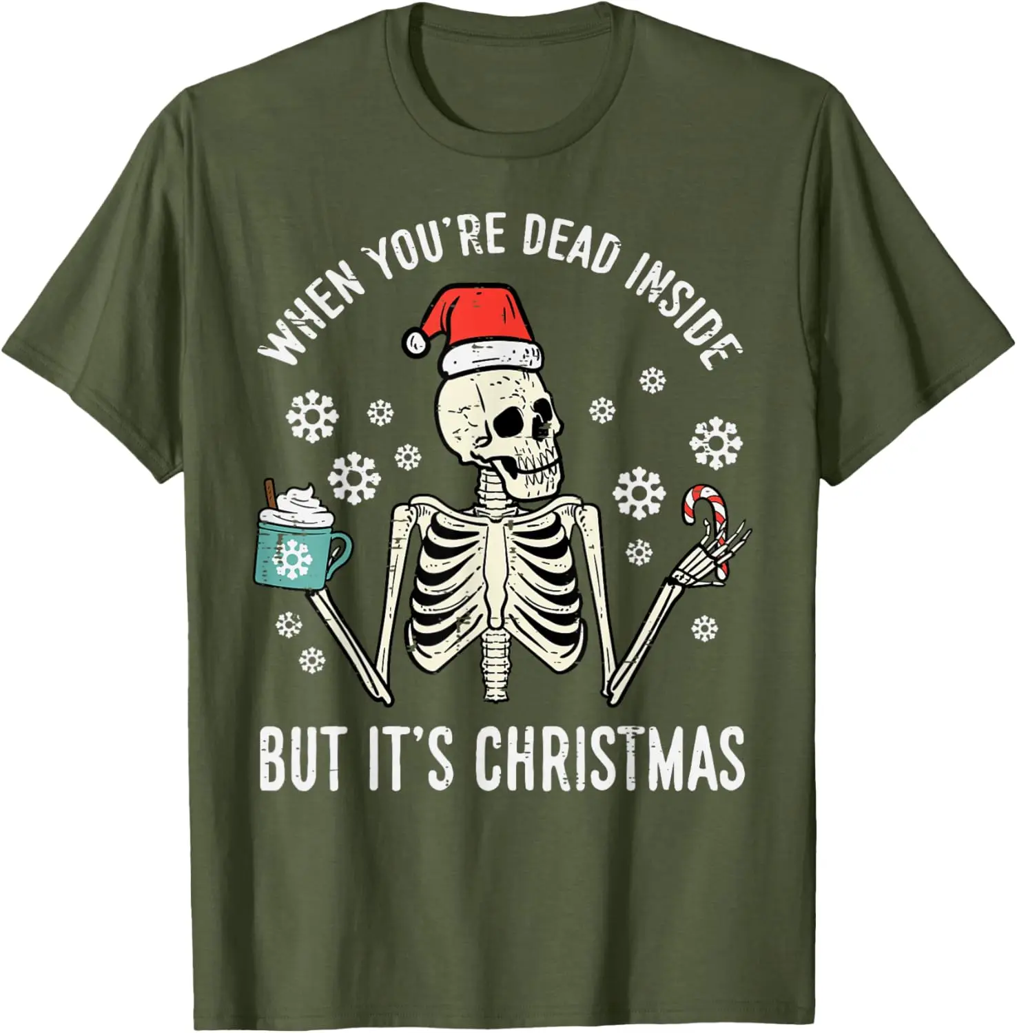 Dead Inside But Its Christmas Skeleton Coffee Xmas Coton T-Shirt Hommes et Femmes Col rond Manches Courtes Chemises Décontractées pour Femmes