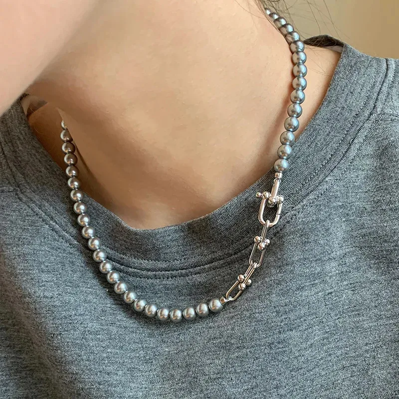 

YISON Fashion Grey Horse Hoof Pearl Necklace for Women Luxury Long Double Layered Sweater Chain Large Neck Chain Jewelry