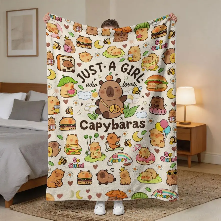 Lovely Cartoon Capybara Food Rainbow Heart Cute Graffiti Art Pattern Soft Blanket Fit Living Room Bed Travel Multi-scene Home