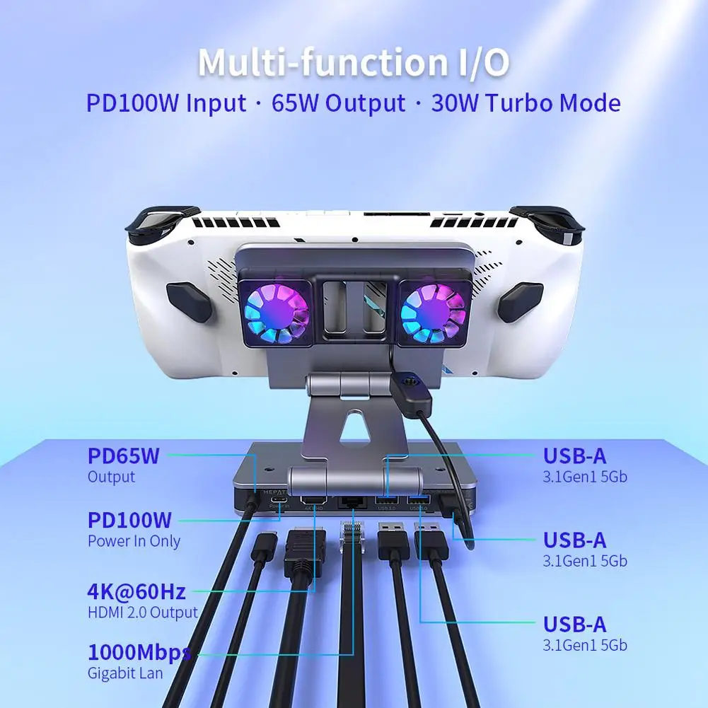 Docking Station for Rog Ally X Legion Go Steam Deck OLED Stand Base 2025 Dual Cooling Fan PD USB Ports 4K 60Hz Gigabit Ethernet