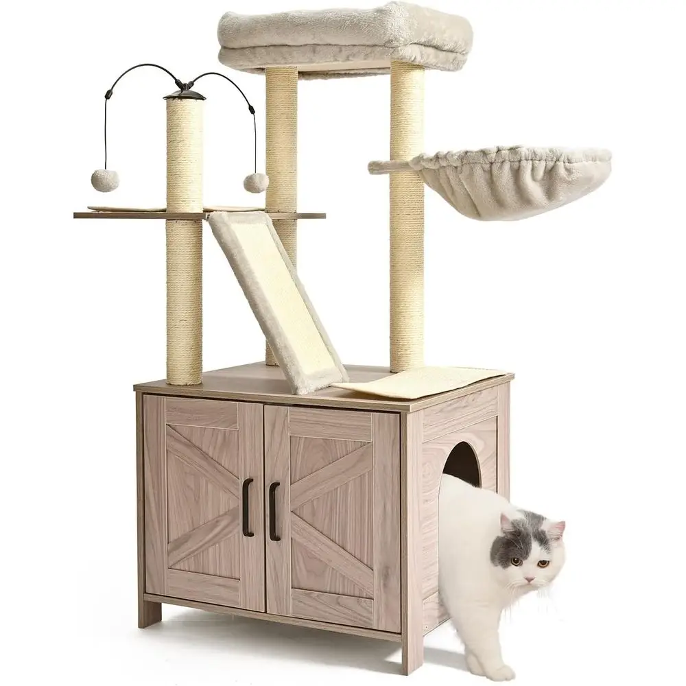 

Large Cat Tree with Litter Box Enclosure, Scratching Posts, Sisal Pad, Cozy Perch, and Hammock
