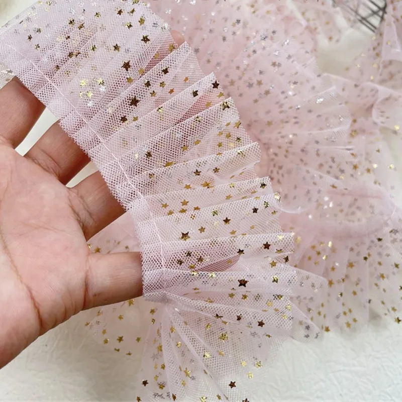 Lolita Pink Bronzing Star Mesh, renda plissada à prova de poeira, chapéu DIY, Headwear Craft, tecido reflexivo, roupas, saia, decoração de costura