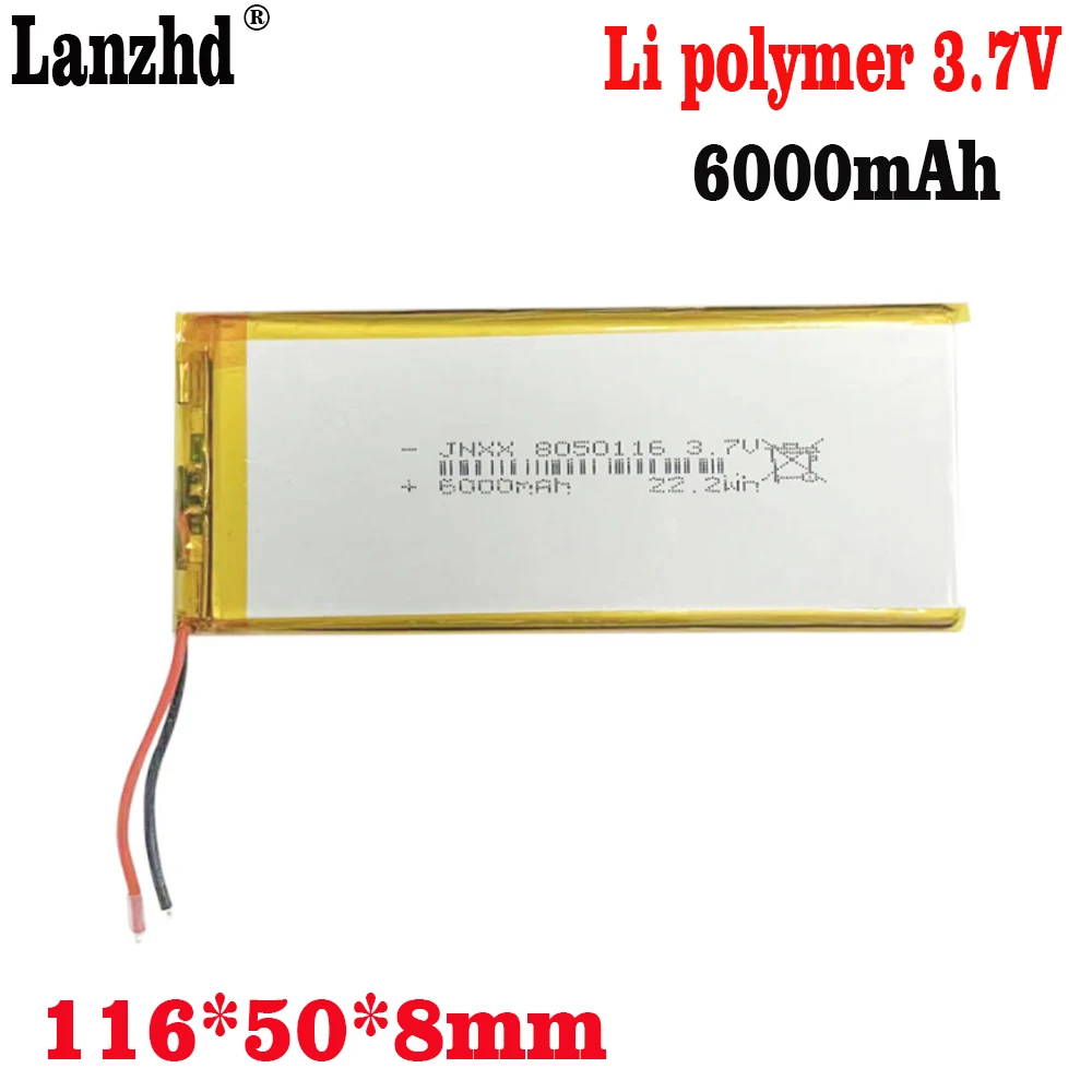 1-10PCS 3.7V Li Polymer Batteries 6000mAh 116*50*8mm Soft package battery For Power Bank Bluetooth Speakers Tablet DVD battery