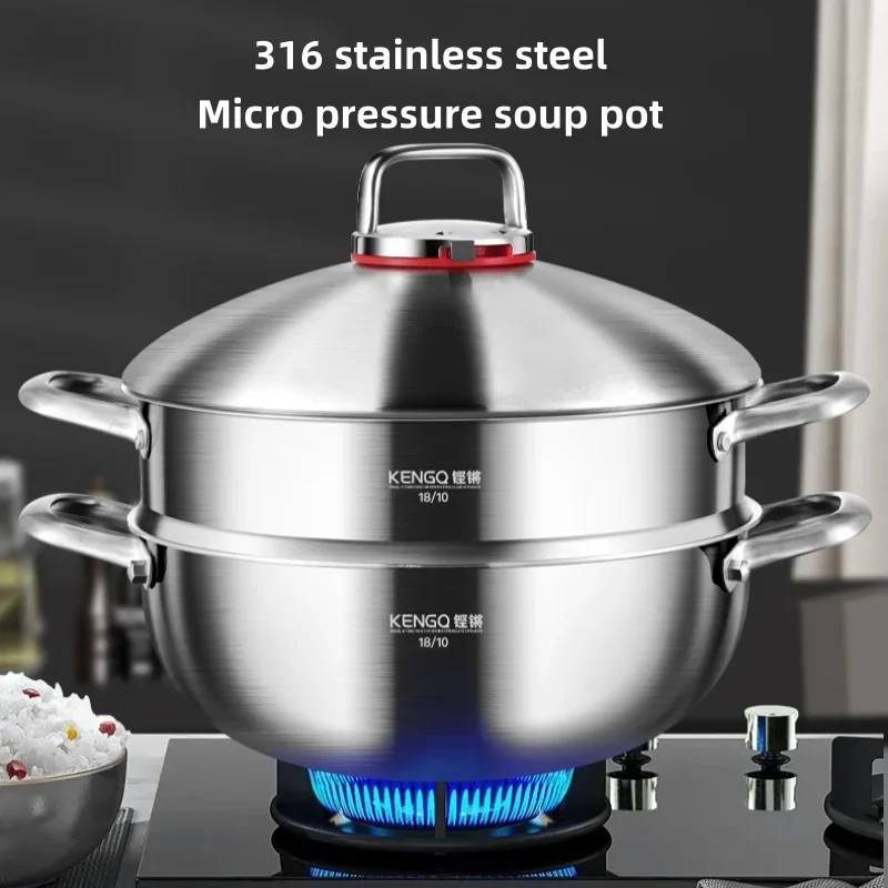 Thicker 316 Stainless Steel Micro Pressure Steamer Pot Steaming and Cooking Pot for Induction Cooker Gas Stove Stewed and Boiled