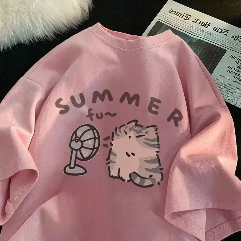 Oversize Soft Fashion Fan Cat and Women T-shirt for Men American Street Creative Summer Relaxed Short Sleeve Couple Wear Top